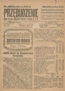 Przebudzenie: tygodnik poświęcony obronie interesów robotników rolnych i leśnych. Organ Związku Robotników Rolnych i Leśnych ZZP. 1923.12.28 R.5 Nr52