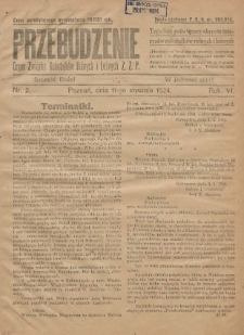 Przebudzenie: tygodnik poświęcony obronie interesów robotników rolnych i leśnych. Organ Związku Robotników Rolnych i Leśnych ZZP. 1924.01.11 R.6 Nr2