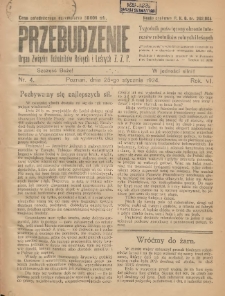 Przebudzenie: tygodnik poświęcony obronie interesów robotników rolnych i leśnych. Organ Związku Robotników Rolnych i Leśnych ZZP. 1924.01.25 R.6 Nr4