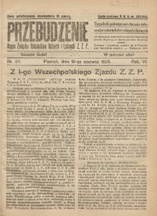 Przebudzenie: tygodnik poświęcony obronie interesów robotników rolnych i leśnych. Organ Związku Robotników Rolnych i Leśnych ZZP. 1924.06.19 R.6 Nr24