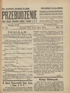 Przebudzenie: tygodnik poświęcony obronie interesów robotników rolnych i leśnych. Organ Związku Robotników Rolnych i Leśnych ZZP. 1924.07.17 R.6 Nr28