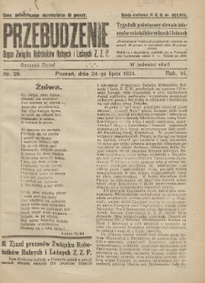 Przebudzenie: tygodnik poświęcony obronie interesów robotników rolnych i leśnych. Organ Związku Robotników Rolnych i Leśnych ZZP. 1924.07.24 R.6 Nr29