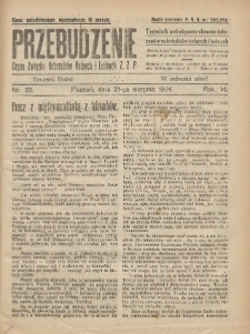 Przebudzenie: tygodnik poświęcony obronie interesów robotników rolnych i leśnych. Organ Związku Robotników Rolnych i Leśnych ZZP. 1924.08.21 R.6 Nr33