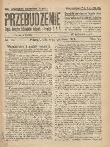 Przebudzenie: tygodnik poświęcony obronie interesów robotników rolnych i leśnych. Organ Związku Robotników Rolnych i Leśnych ZZP. 1924.09.04 R.6 Nr35