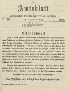 Amtsblatt der Königlichen Eisenbahndirektion in Posen 1918.03.26 Nr16