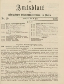 Amtsblatt der Königlichen Eisenbahndirektion in Posen 1918.06.01 Nr29