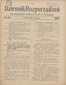 Dziennik Rozporządzeń Dyrekcji Kolei Państwowych w Poznaniu 1921.08.19 Nr54