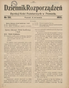 Dziennik Rozporządzeń Dyrekcji Kolei Państwowych w Poznaniu 1921.09.04 Nr58