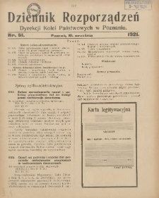 Dziennik Rozporządzeń Dyrekcji Kolei Państwowych w Poznaniu 1921.09.10 Nr61