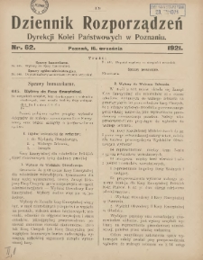 Dziennik Rozporządzeń Dyrekcji Kolei Państwowych w Poznaniu 1921.09.16 Nr62