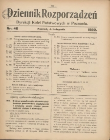 Dziennik Rozporządzeń Dyrekcji Kolei Państwowych w Poznaniu 1922.11.04 Nr46
