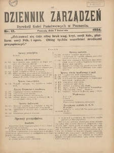 Dziennik Zarządzeń Dyrekcji Kolei Państwowych w Poznaniu. 1924.04.07 Nr12