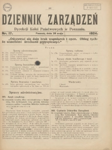 Dziennik Zarządzeń Dyrekcji Kolei Państwowych w Poznaniu. 1924.05.30 Nr17