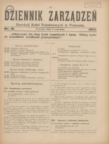 Dziennik Zarządzeń Dyrekcji Kolei Państwowych w Poznaniu. 1924.06.07 Nr18