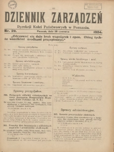 Dziennik Zarządzeń Dyrekcji Kolei Państwowych w Poznaniu. 1924.06.28 Nr20