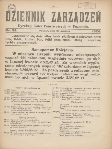 Dziennik Zarządzeń Dyrekcji Kolei Państwowych w Poznaniu. 1924.12.30 Nr34