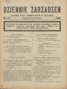 Dziennik Zarządzeń Dyrekcji Kolei Państwowych w Poznaniu. 1926.08.10 Nr22