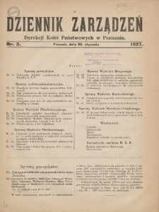 Dziennik Zarządzeń Dyrekcji Kolei Państwowych w Poznaniu. 1927.01.29 Nr3