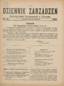 Dziennik Zarządzeń Dyrekcji Kolei Państwowych w Poznaniu. 1927.04.08 Nr11