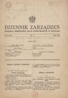 Dziennik Zarządzeń Dyrekcji Okręgowej Kolei Państwowych w Poznaniu. 1933.01.23 Nr1
