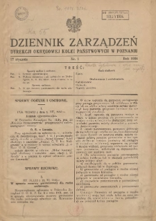 Dziennik Zarządzeń Dyrekcji Okręgowej Kolei Państwowych w Poznaniu. 1934.01.17 Nr1