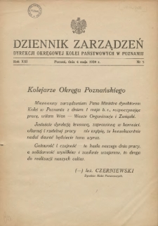 Dziennik Zarządzeń Dyrekcji Okręgowej Kolei Państwowych w Poznaniu. 1939.05.04 Nr5