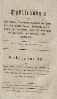 Publicandum aby żadnych płatek, drzazek papierowych, pargaminowych y inszych skornych obrzezek, nóg skopowych y takowych do robienia kleju służących materyałów z Prus Południowych za granicę nie wywożono