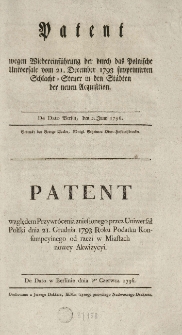Patent względem przywrócenia zniesionego przez Uniwersał polski [...] 21 grudnia 1793 [...] podatku konsumpcyinego od rzezi w miastach nowey akwizycyi