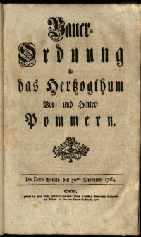 Bauer-Ordnung f&uuml;r das Hertzogthum Vor- und Hinter-Pommern