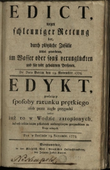 Edict wegen schleunniger Rettung der, durch pl&ouml;tziche Zuf&auml;lle leblos gewordenen, im Wasser oder sonst verungl&uuml;ckten und f&uuml;r todt gehaltenen Personen