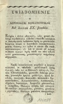 Uwiadomienie o Konwikcie Romanowskim pod dozorem XX. Jezuitów