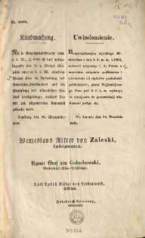 Uwiadomienie Nr 69072 ...[W sprawie uwłaszczenia chłopów w Galicji] podpisał Wenzeslaus Ritter von Zaleski