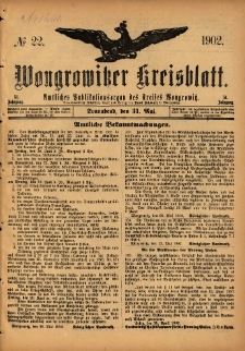 Wongrowitzer Kreisblatt: Amtliches Publikationsorgan des Kreises Wongrowitz 1902.05.31 Jg.51 Nr22