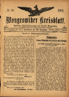 Wongrowitzer Kreisblatt: Amtliches Publikationsorgan des Kreises Wongrowitz 1902.09.20 Jg.51 Nr38