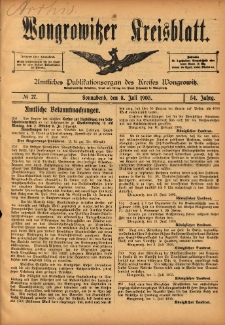Wongrowitzer Kreisblatt: Amtliches Publikationsorgan des Kreises Wongrowitz 1905.07.08 Jg.54 Nr27