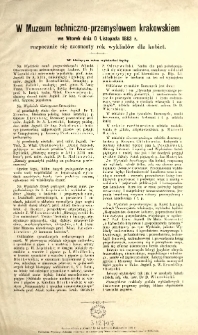 W Muzeum techniczno-przemysłowem krakowskiem we wtorek dnia 6 listopada 1883 r. rozpocznie się szesnasty rok wykładów dla kobiet
