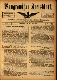 Wongrowitzer Kreisblatt: Amtliches Publikationsorgan des Kreises Wongrowitz 1908.05.23 Jg.57 Nr21
