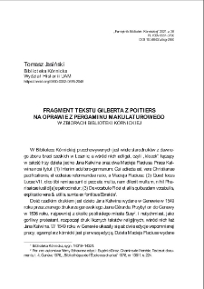 Fragment tekstu Gilberta z Poitiers na oprawie z pergaminu makulaturowego w zbiorach Biblioteki Kórnickiej. Pamiętnik Biblioteki Kórnickiej. Z.38