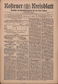 Kostener Kreisblatt: amtliches Ver&ouml;ffentlichungsblatt f&uuml;r den Kreis Kosten 1911.08.22 Jg.46 Nr100