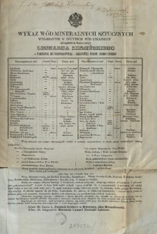 Wykaz wód mineralnych sztucznych wyrabianych w Instytucie Wód Lekarskich magistra farmacyi Leonarda Ziemińskiego ...