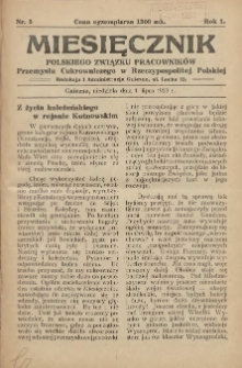 Miesięcznik Polskiego Związku Pracownik&oacute;w Przemysłu Cukrowniczego w Rzeczypospolitej Polskiej 1923.07.01 R.1 Nr5