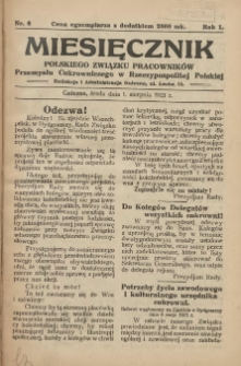 Miesięcznik Polskiego Związku Pracowników Przemysłu Cukrowniczego w Rzeczypospolitej Polskiej 1923.08.01 R.1 Nr6