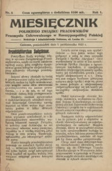 Miesięcznik Polskiego Związku Pracowników Przemysłu Cukrowniczego w Rzeczypospolitej Polskiej 1923.10.01 R.1 Nr8