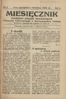 Miesięcznik Polskiego Związku Pracownik&oacute;w Przemysłu Cukrowniczego w Rzeczypospolitej Polskiej 1923.11.01 R.1 Nr9