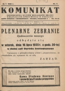 Komunikat Zjednoczenia Kupców Detalistów Branży Kolonjalno-Spożywczej w Poznaniu 1935.07.15 Nr7