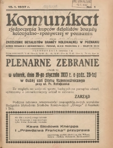 Komunikat Zjednoczenia Kupców Detalistów Branży Kolonjalno-Spożywczej w Poznaniu 1937.01.15 Nr1