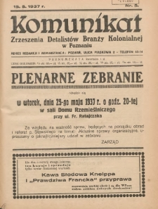 Komunikat Zjednoczenia Detalistów Branży Kolonialnej w Poznaniu 1937.05.15 Nr5