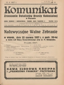 Komunikat Zjednoczenia Detalistów Branży Kolonialnej w Poznaniu 1937.06.15 Nr6