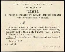 [Bilet na wentę Inc.:] "Vente au profit de l'Oeuvre des Pauvres Malades Polonais agés et infirmes visités a domicile ..."
