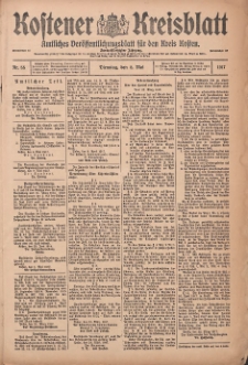 Kostener Kreisblatt: amtliches Ver&ouml;ffentlichungsblatt f&uuml;r den Kreis Kosten 1917.05.08 Jg.52 Nr55